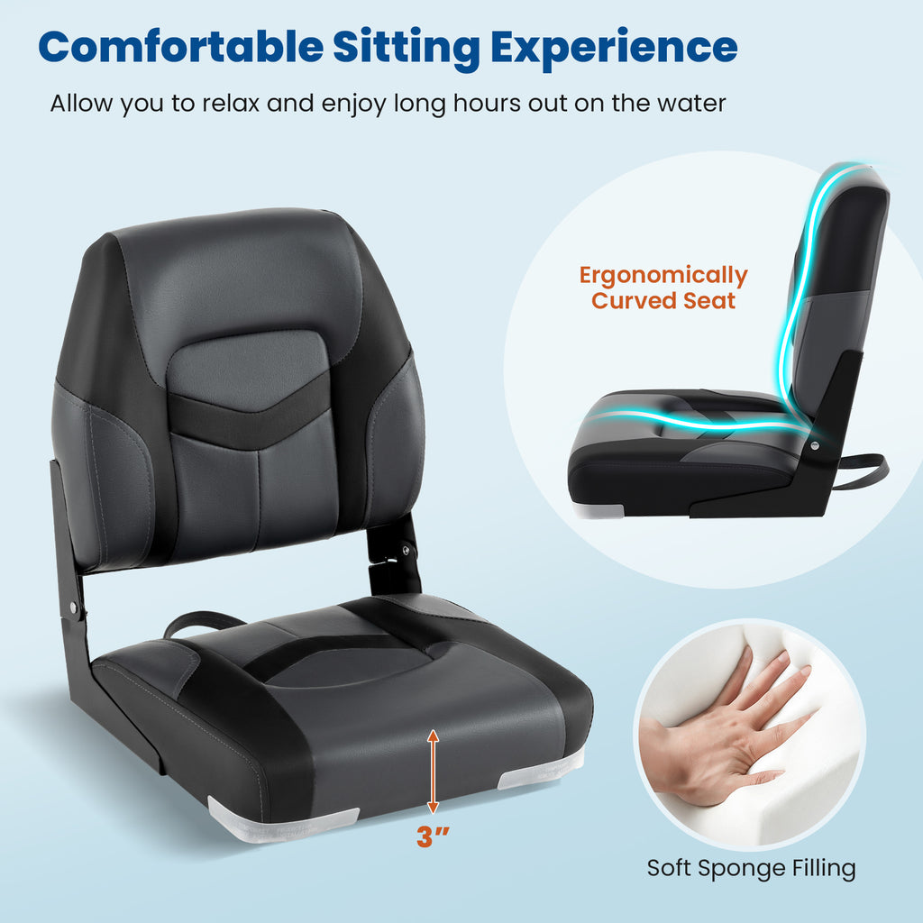 Boat Seat Set with Fixing Bolts and Hinges - Black, Weather-Resistant Cushioned Seating