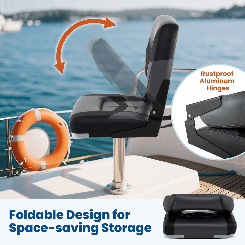 Boat Seat Set with Fixing Bolts and Hinges - Black, Weather-Resistant Cushioned Seating
