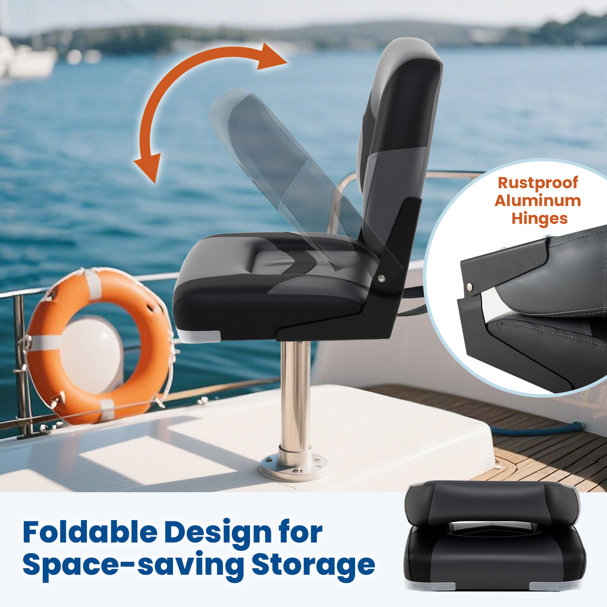 Boat Seat Set with Fixing Bolts and Hinges - Black, Weather-Resistant Cushioned Seating