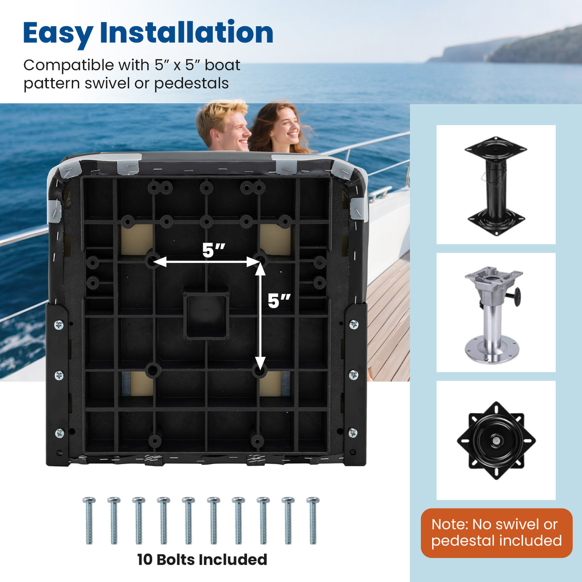 Boat Seat Set with Fixing Bolts and Hinges - Black, Weather-Resistant Cushioned Seating