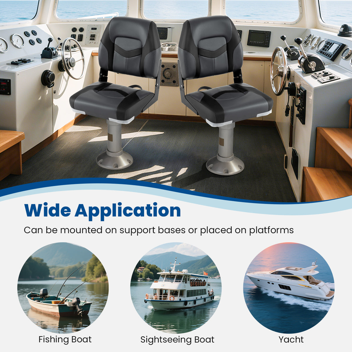 Boat Seat Set with Fixing Bolts and Hinges - Black, Weather-Resistant Cushioned Seating