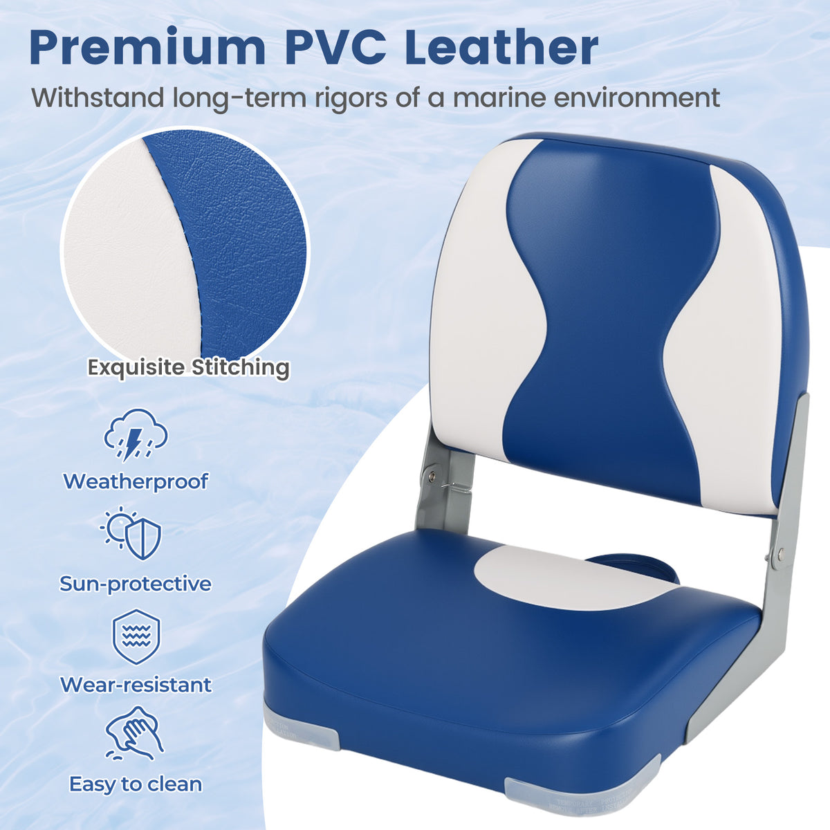 Boat Seats with Thick Sponge Padding - Blue, 2-Pack, Weather-Resistant