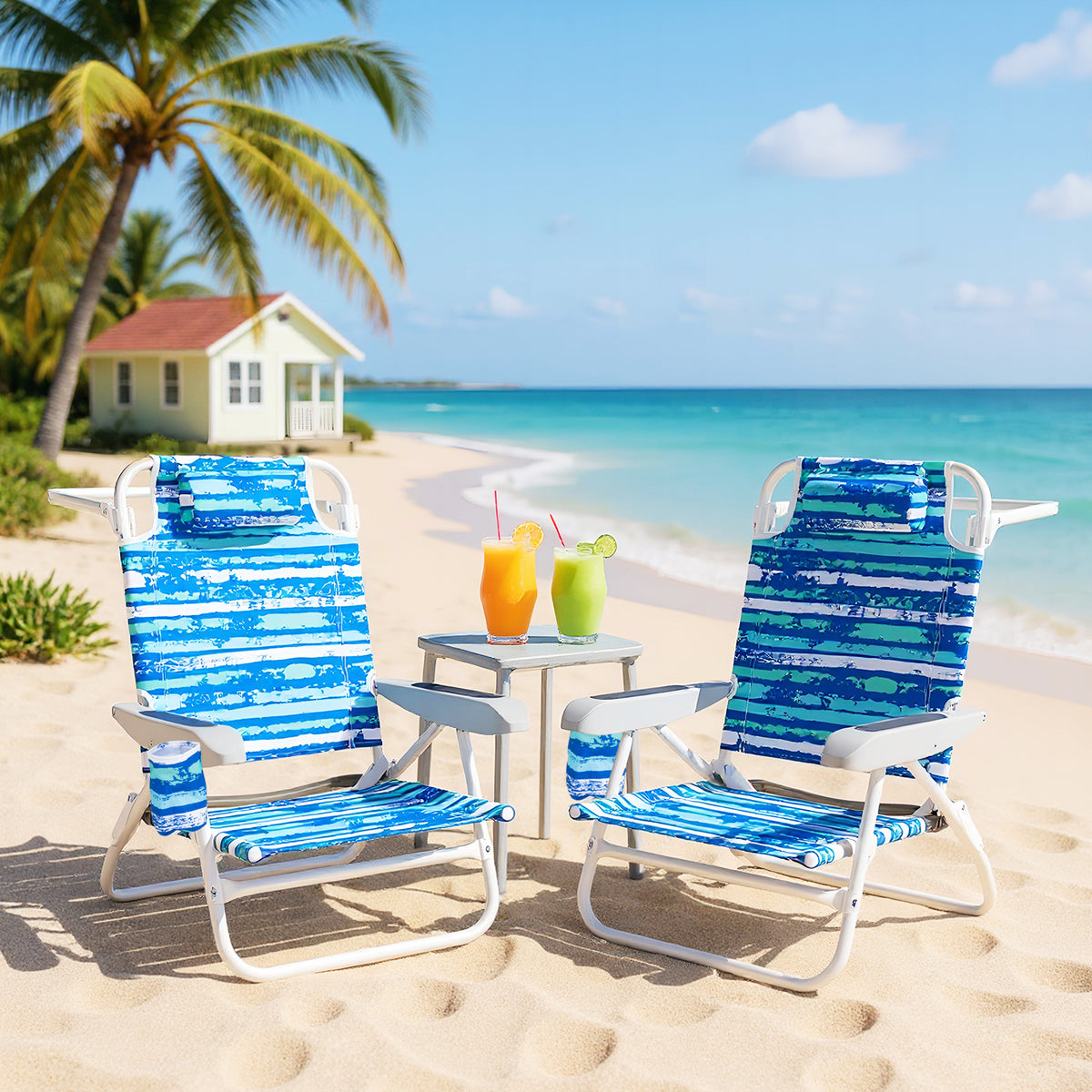 Folding Beach Chair with Headrest, 5-Position - Blue (Set of 2)