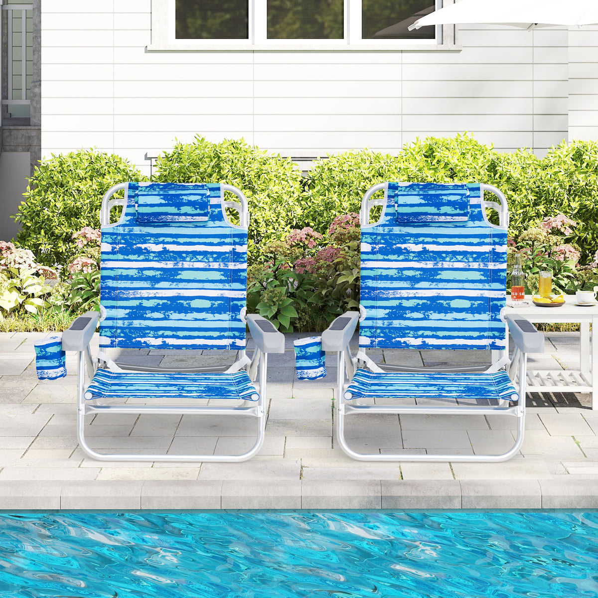 Folding Beach Chair with Headrest, 5-Position - Blue (Set of 2)