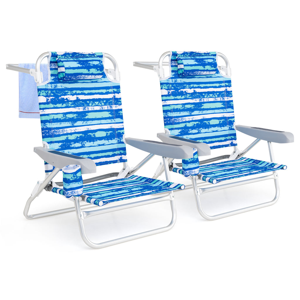 Folding Beach Chair with Headrest, 5-Position - Blue (Set of 2)