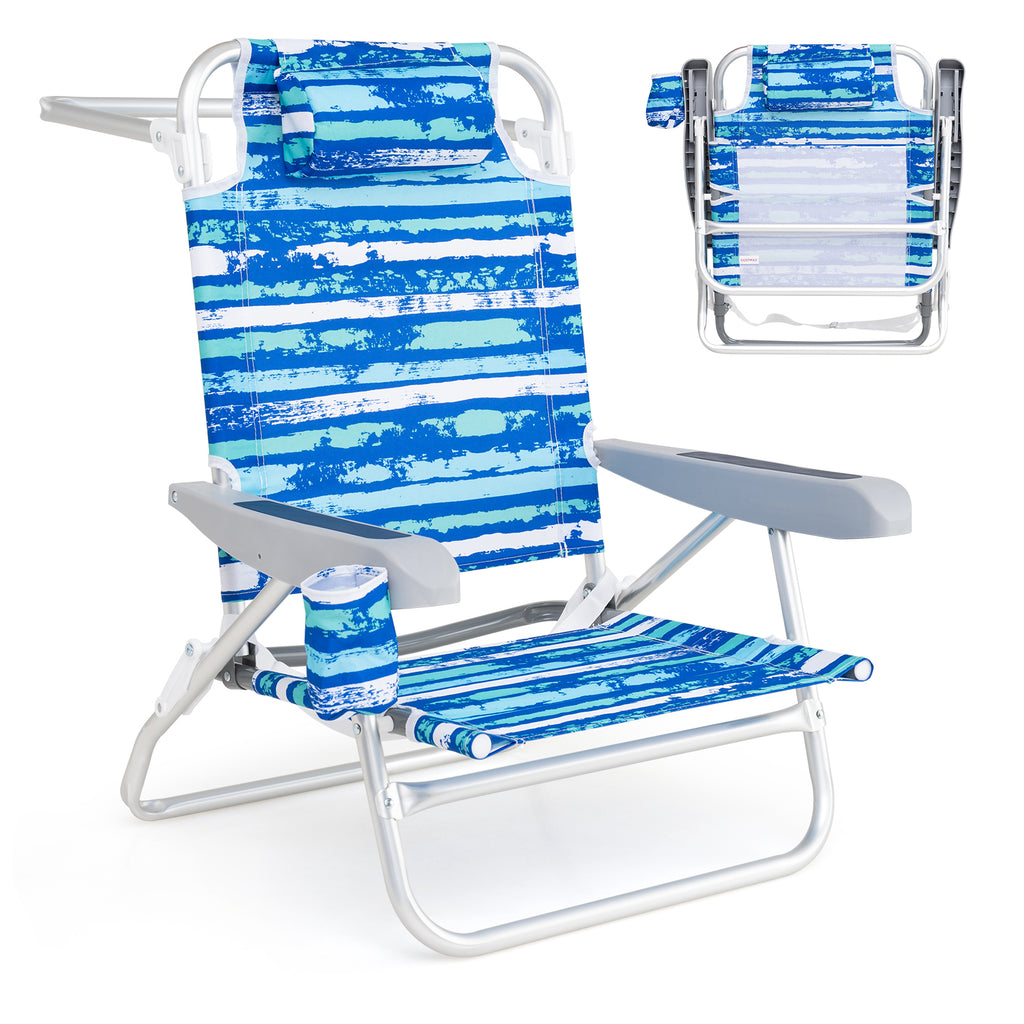 Folding Beach Chair with Headrest, 5-Position - Blue (Set of 2)