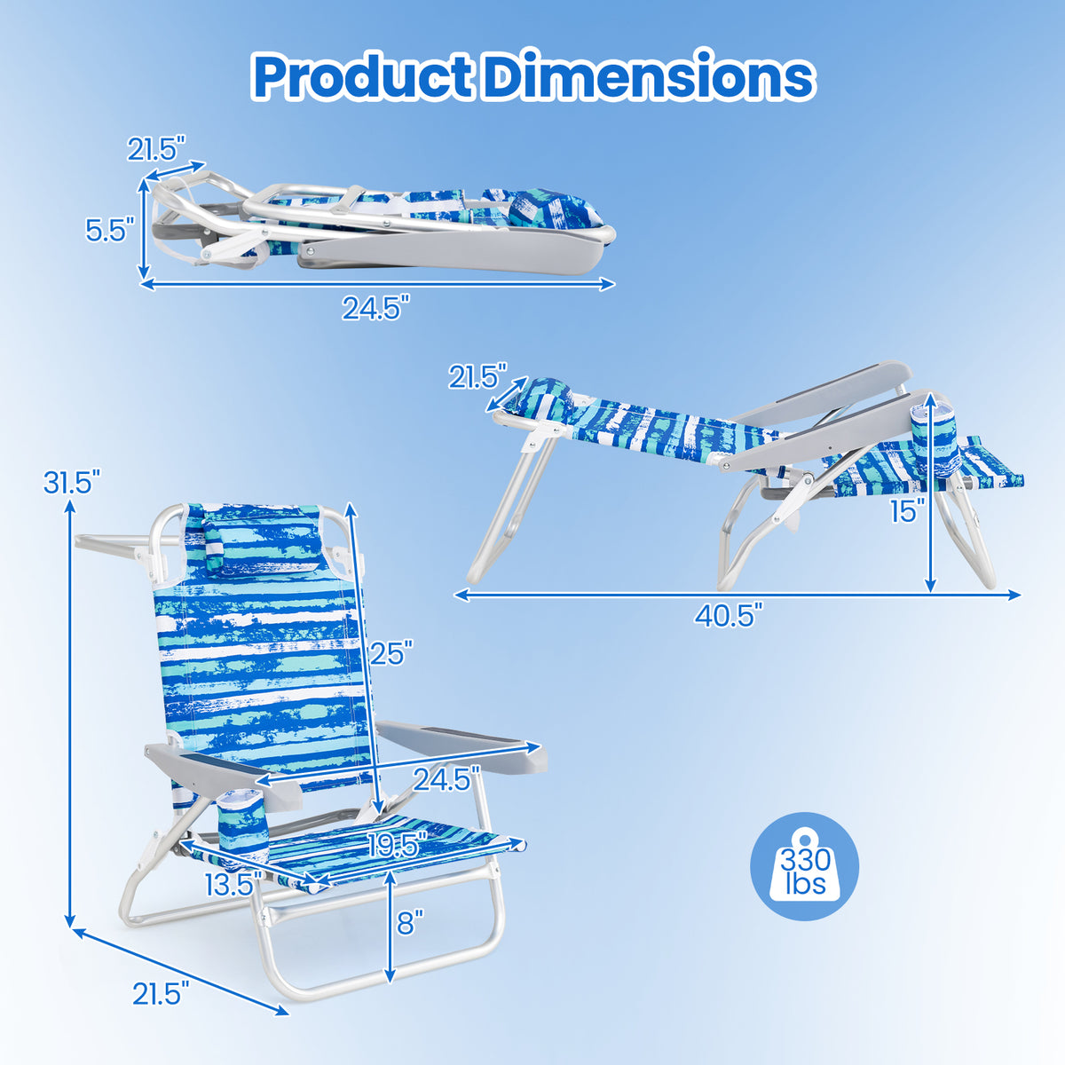 Folding Beach Chair with Headrest, 5-Position - Blue (Set of 2)