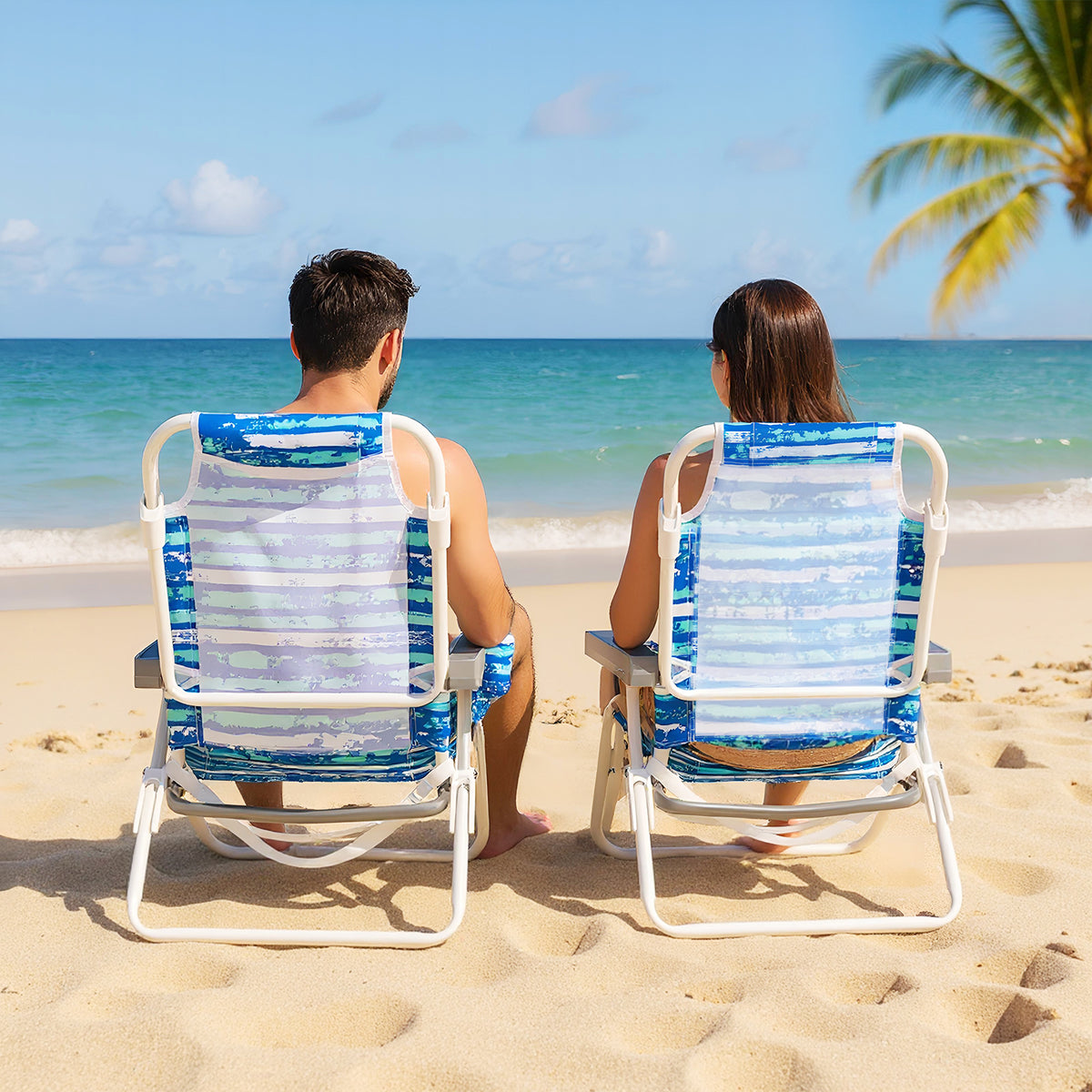 Folding Beach Chair with Headrest, 5-Position - Blue (Set of 2)