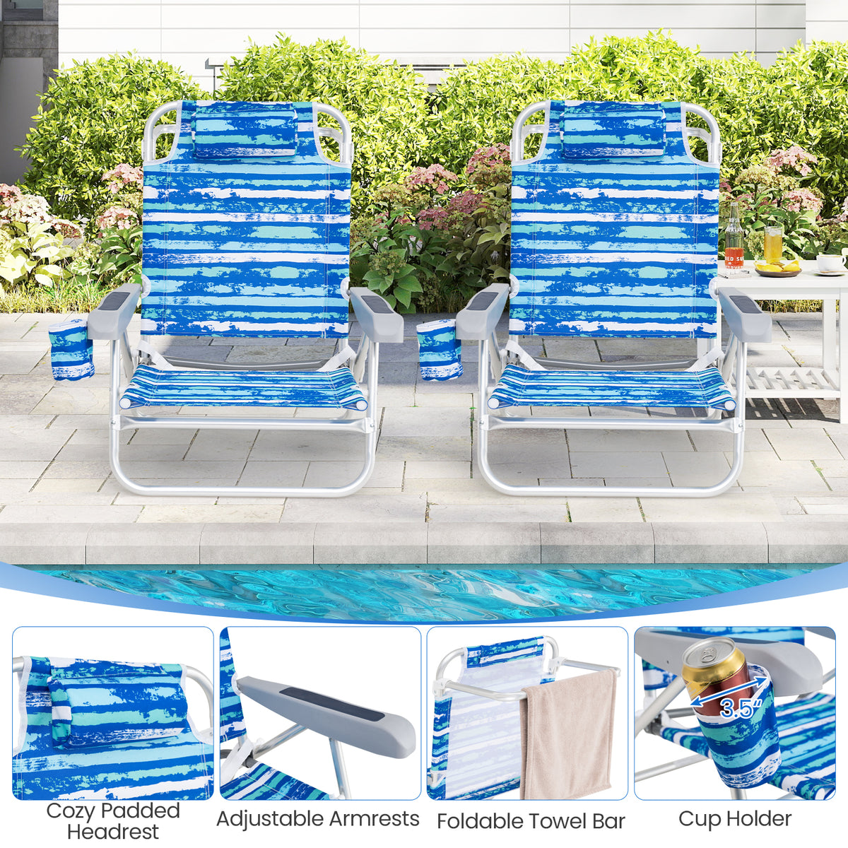 Folding Beach Chair with Headrest, 5-Position - Blue (Set of 2)