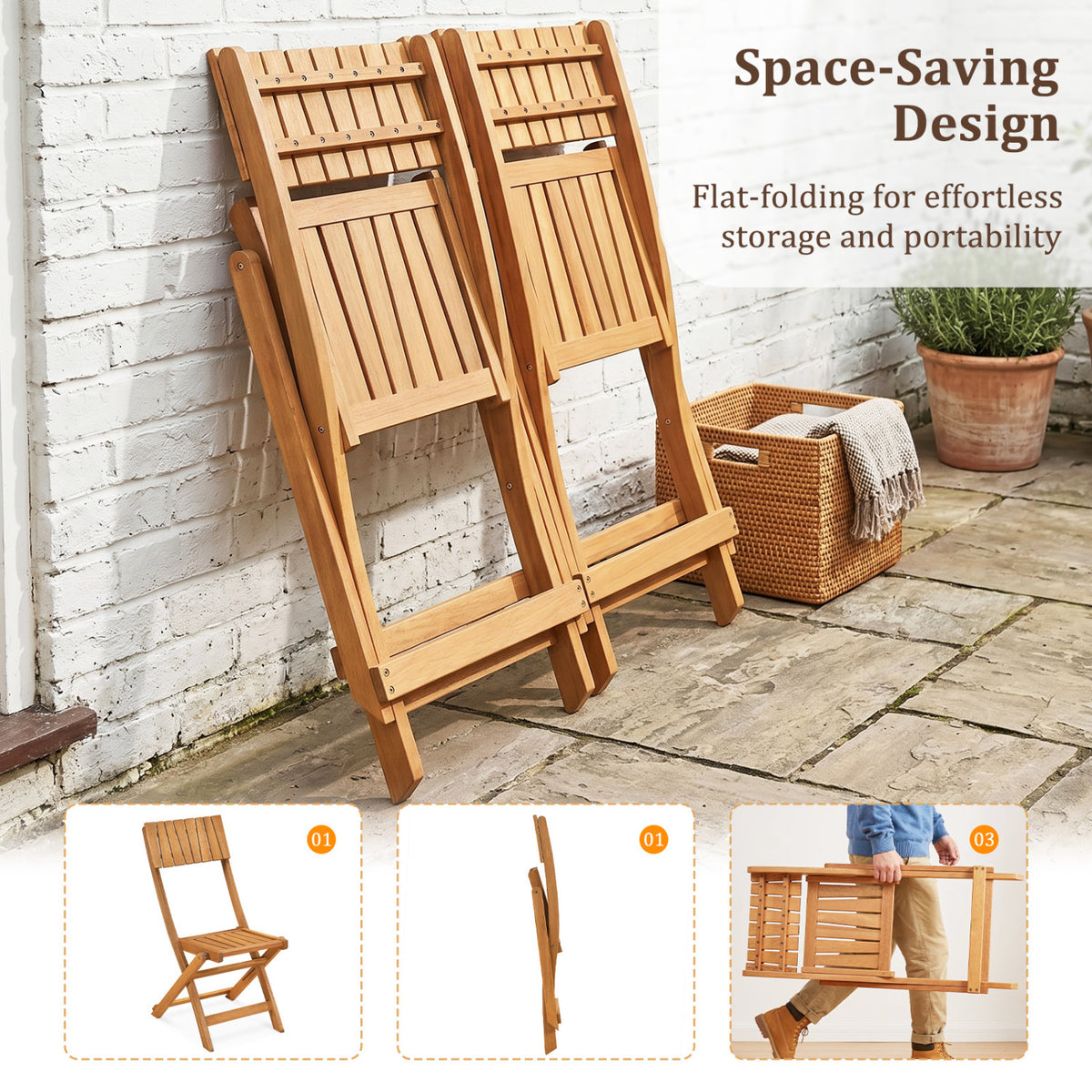 2 Pack Folding Chairs Sturdy Wood Dining with Slatted Backrest and