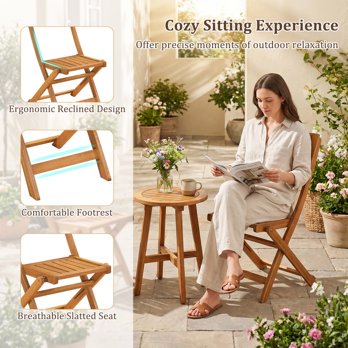 2 Pack Folding Chairs Sturdy Wood Dining with Slatted Backrest and