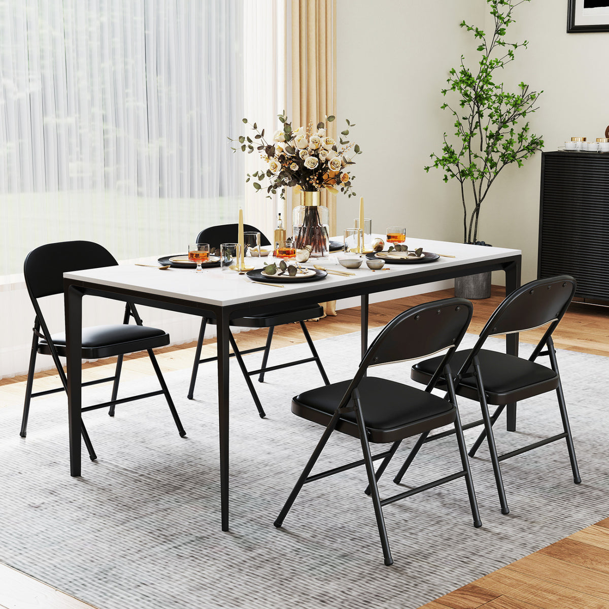 4 Pack Folding Chairs with Metal Frame, PVC Leather – Black