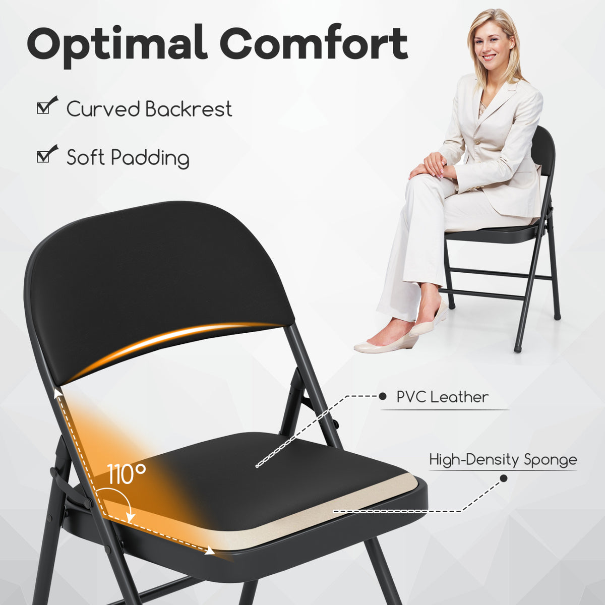 4 Pack Folding Chairs with Metal Frame, PVC Leather – Black