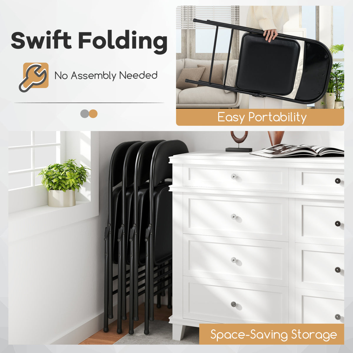 4 Pack Folding Chairs with Metal Frame, PVC Leather – Black