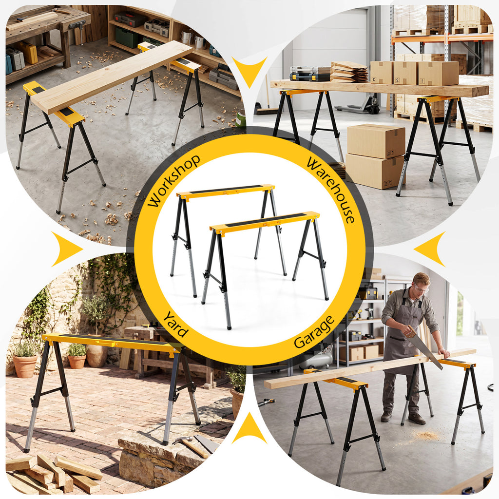 2 Pack Folding Saw Horses with 12 Adjustable Leg Heights and Handles