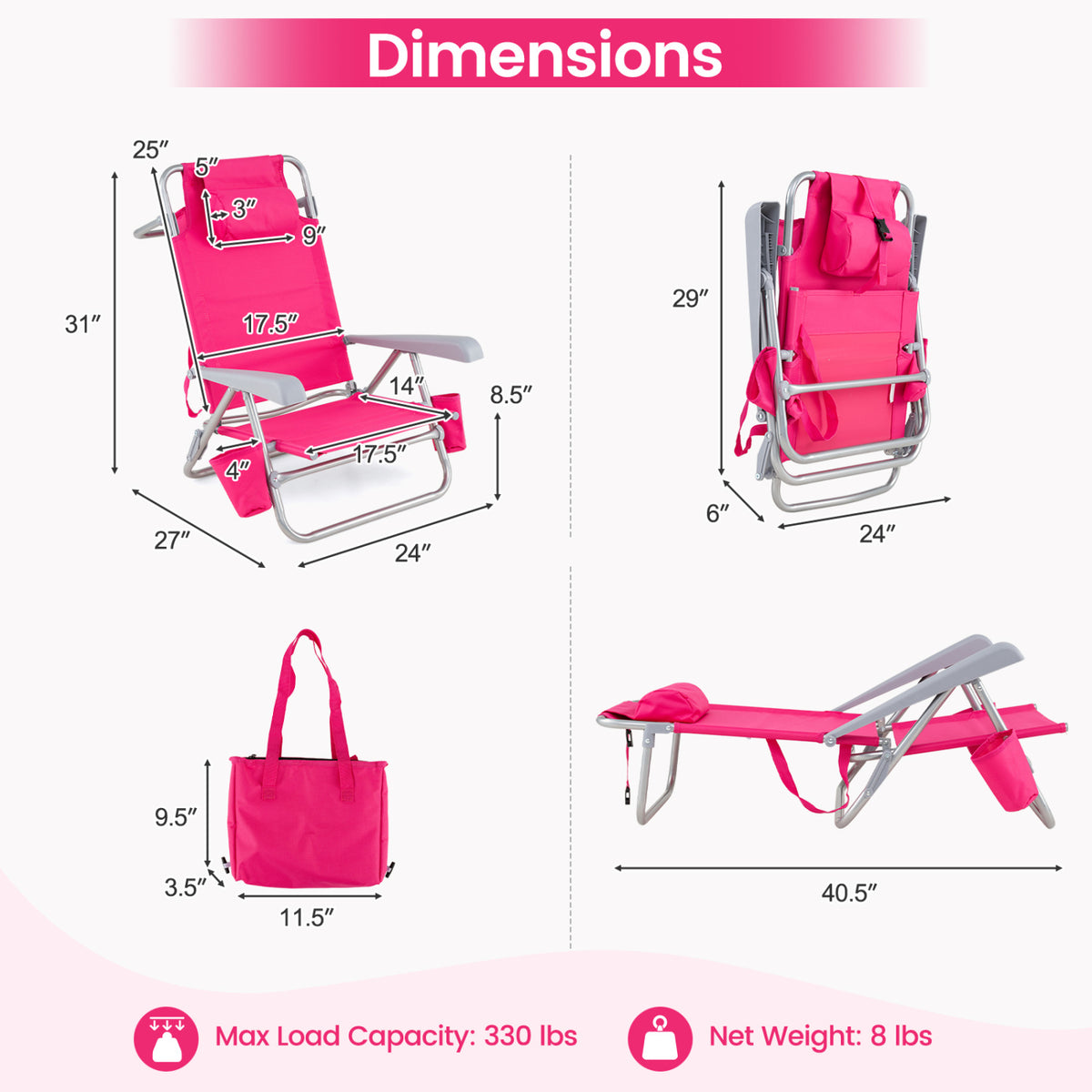 2 Pack Portable Folding Beach Chair with 7-Position Backrest