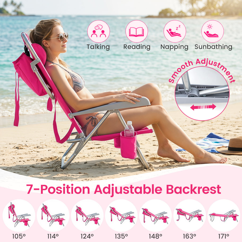 2 Pack Portable Folding Beach Chair with 7-Position Backrest