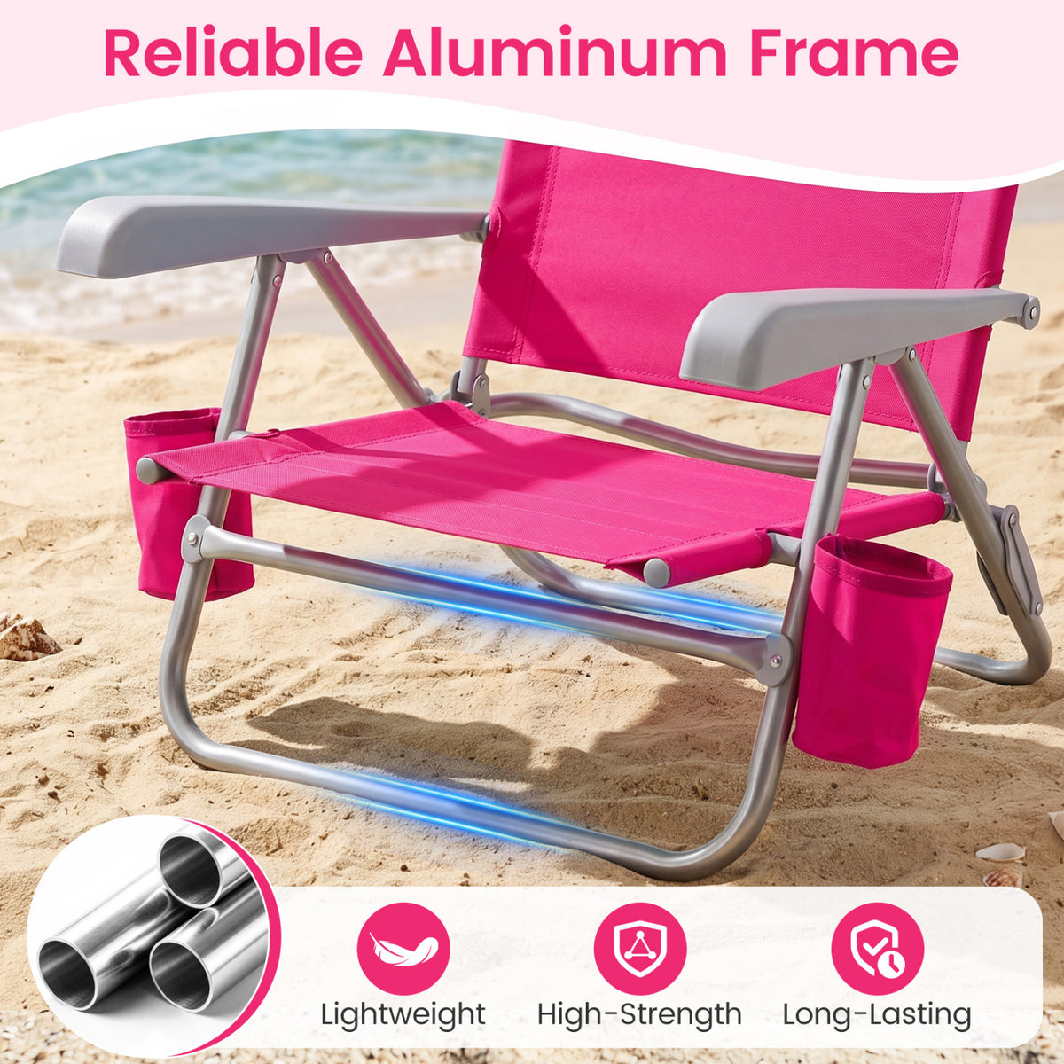 2 Pack Portable Folding Beach Chair with 7-Position Backrest