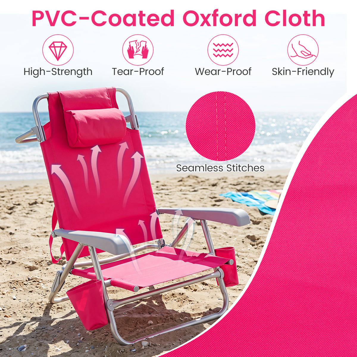 2 Pack Portable Folding Beach Chair with 7-Position Backrest