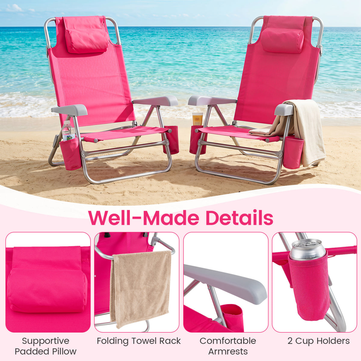 2 Pack Portable Folding Beach Chair with 7-Position Backrest