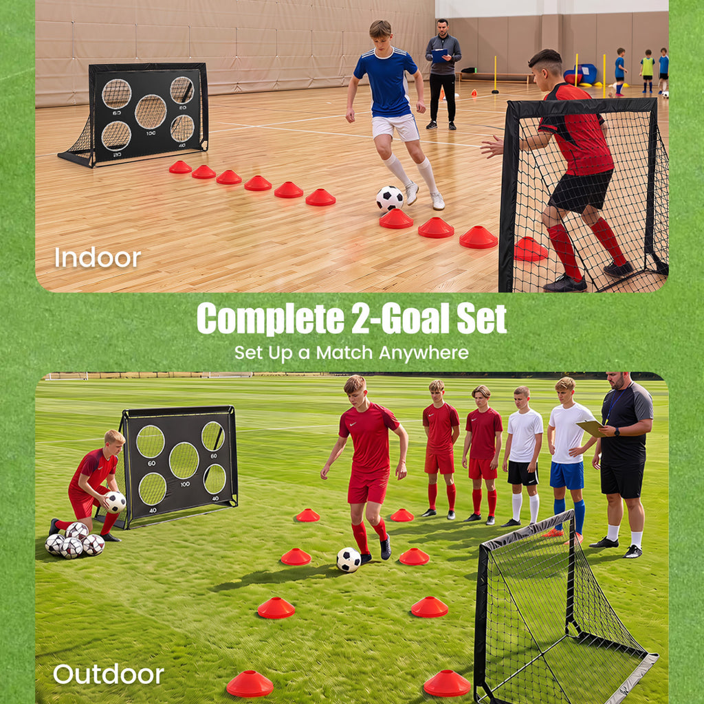 2-Pack 4 ft x 3 ft Portable Soccer Goals Set with Pitch Marker Cloth & Cones