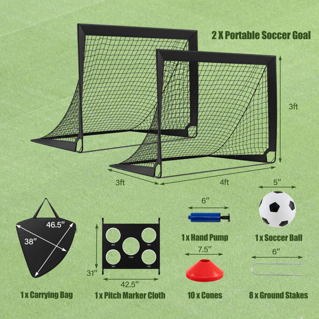 2-Pack 4 ft x 3 ft Portable Soccer Goals Set with Pitch Marker Cloth & Cones