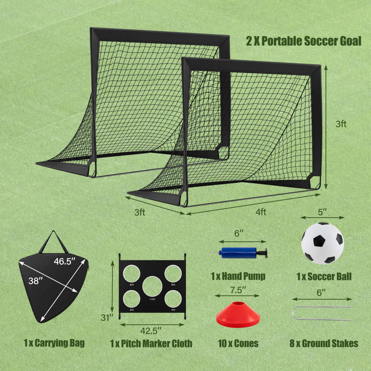 2-Pack 4 ft x 3 ft Portable Soccer Goals Set with Pitch Marker Cloth & Cones