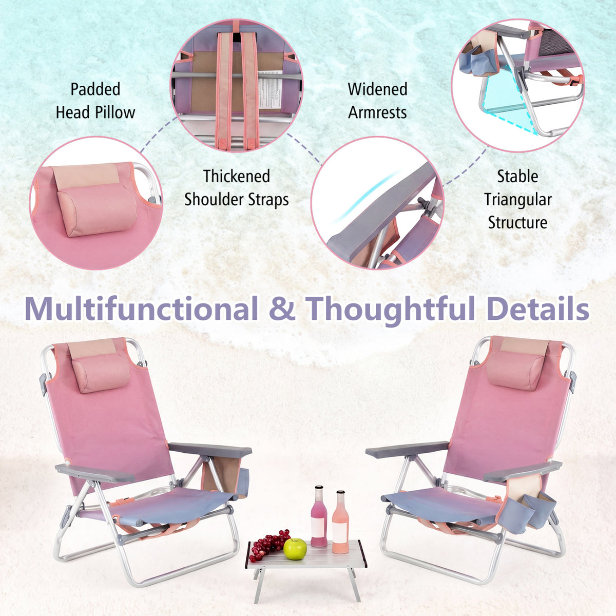 5-Position Folding Beach Chair Set of 2, Pink