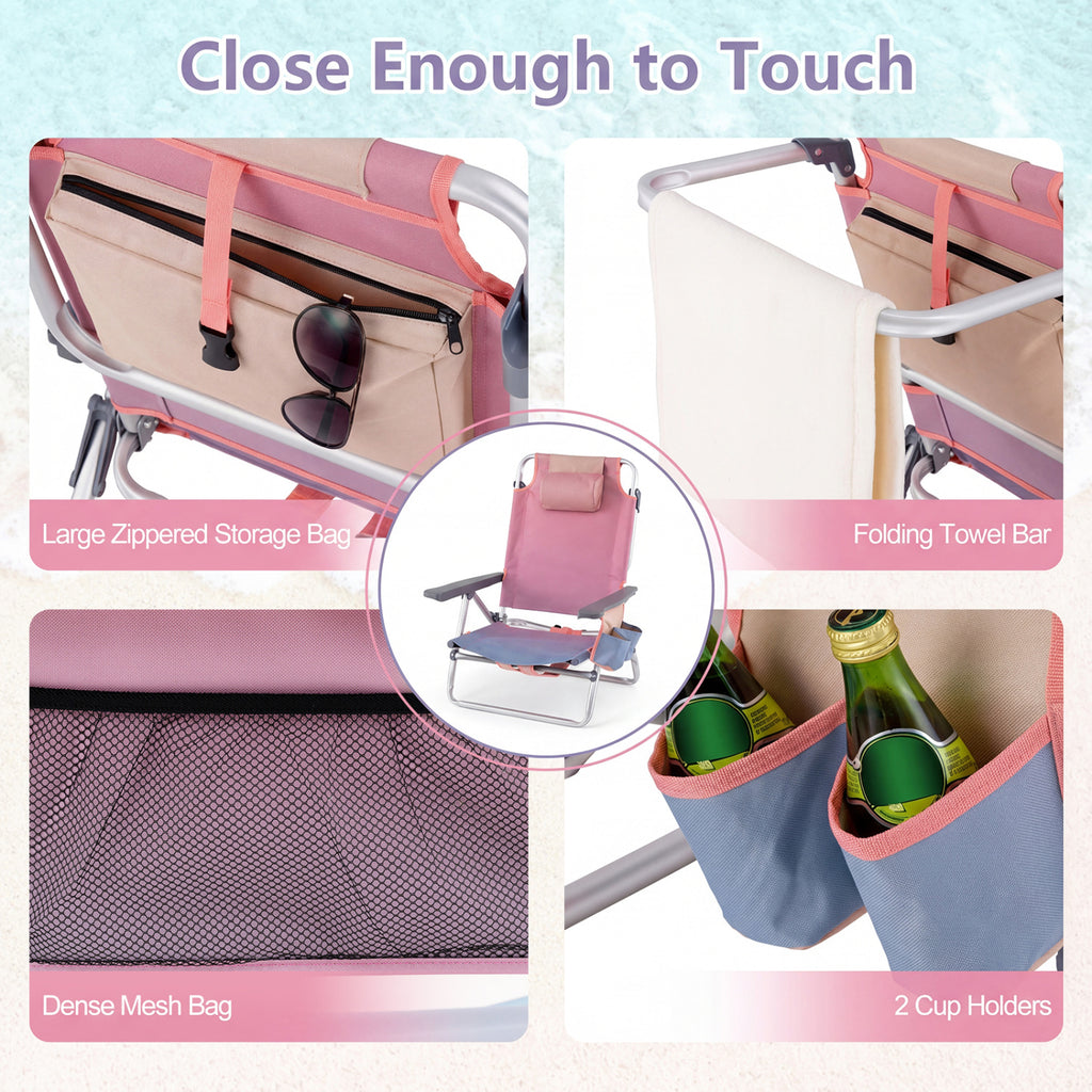 5-Position Folding Beach Chair Set of 2, Pink