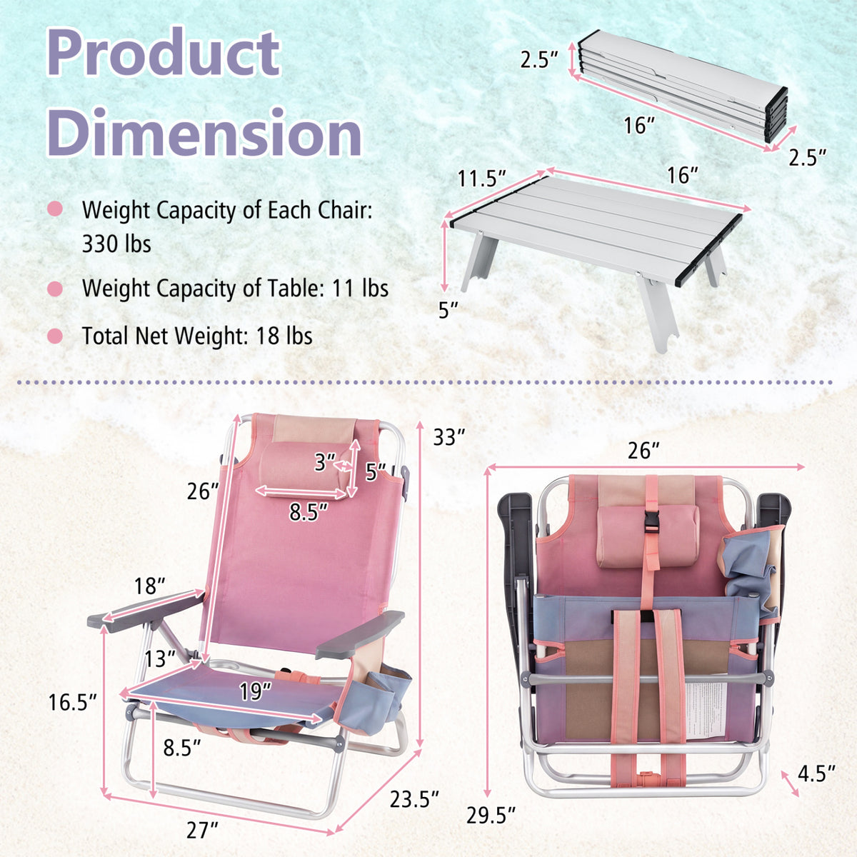 5-Position Folding Beach Chair Set of 2, Pink