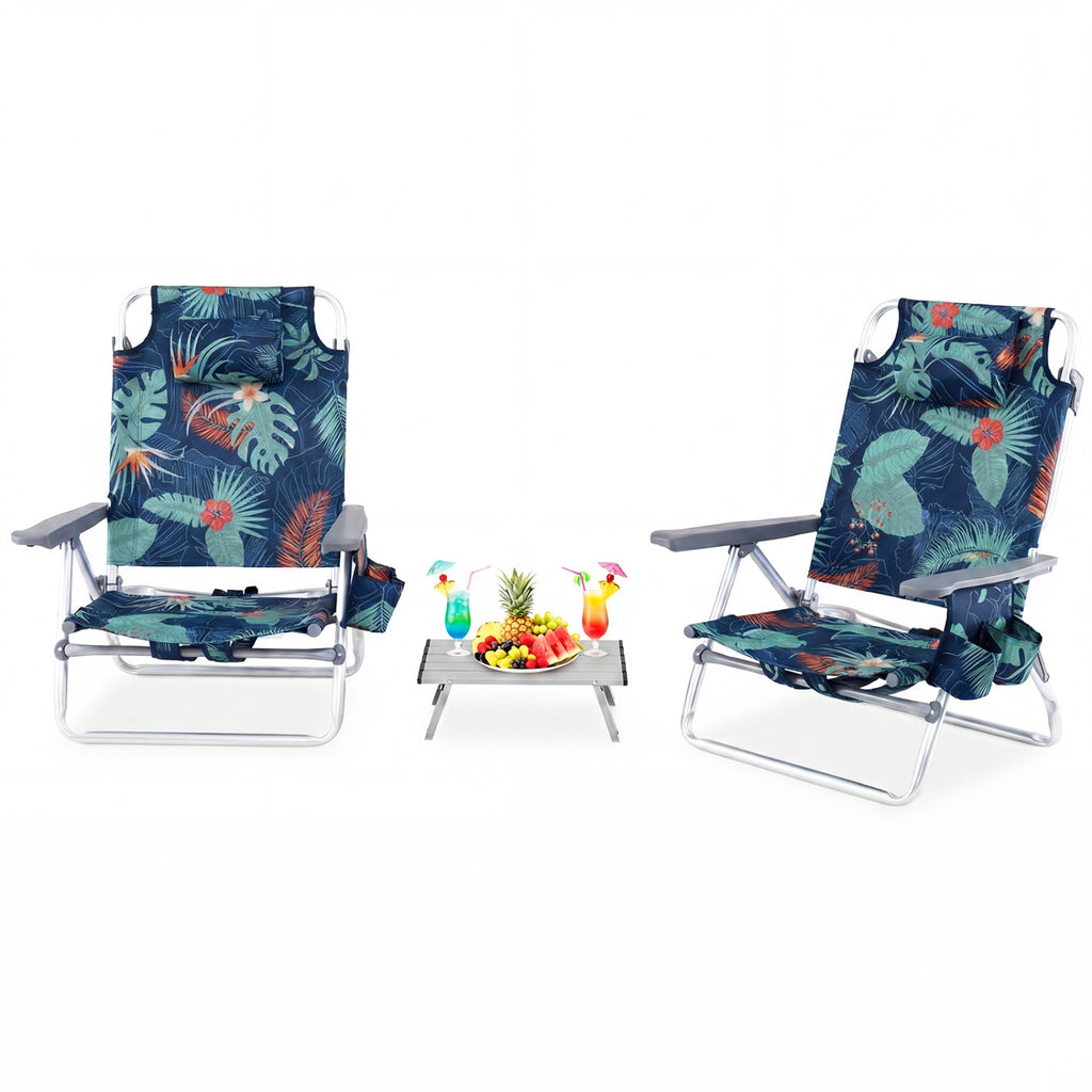 Folding Beach Chair Set of 2 with Table - Green, 5-Position Reclining
