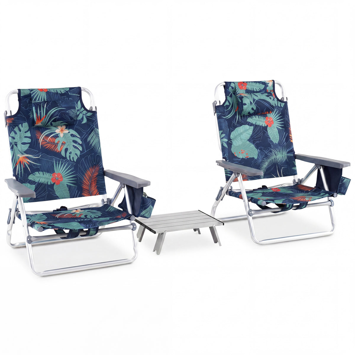 Folding Beach Chair Set of 2 with Table - Green, 5-Position Reclining