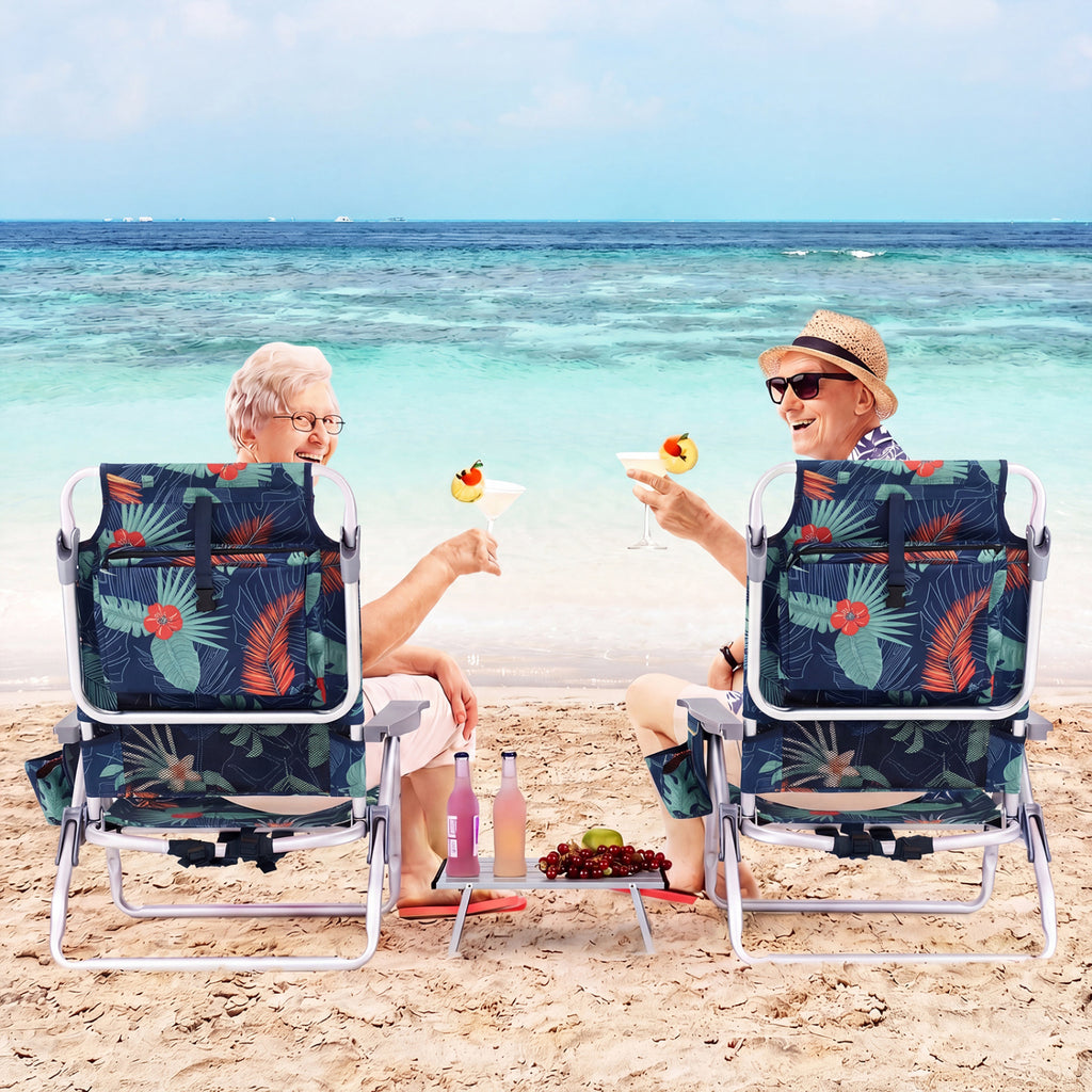 Folding Beach Chair Set of 2 with Table - Green, 5-Position Reclining