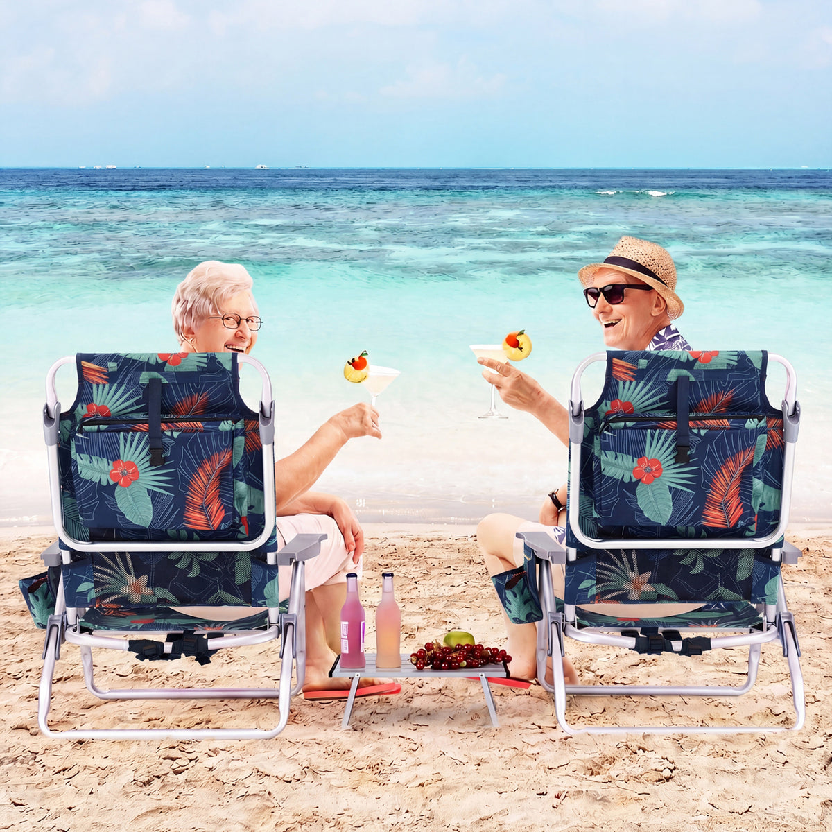 Folding Beach Chair Set of 2 with Table - Green, 5-Position Reclining