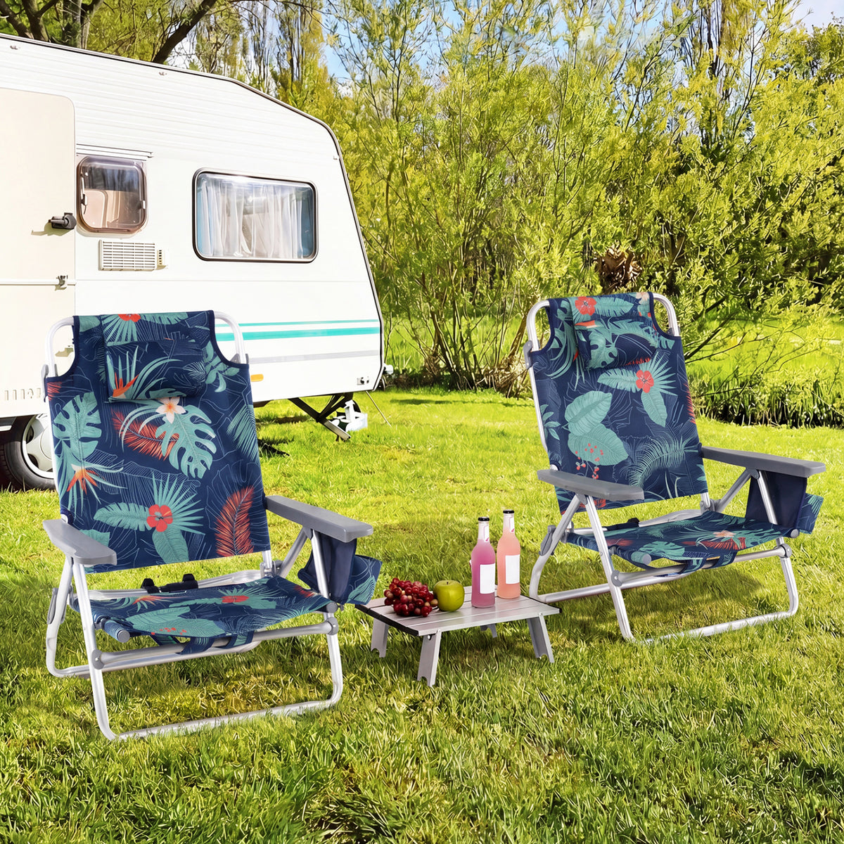 Folding Beach Chair Set of 2 with Table - Green, 5-Position Reclining