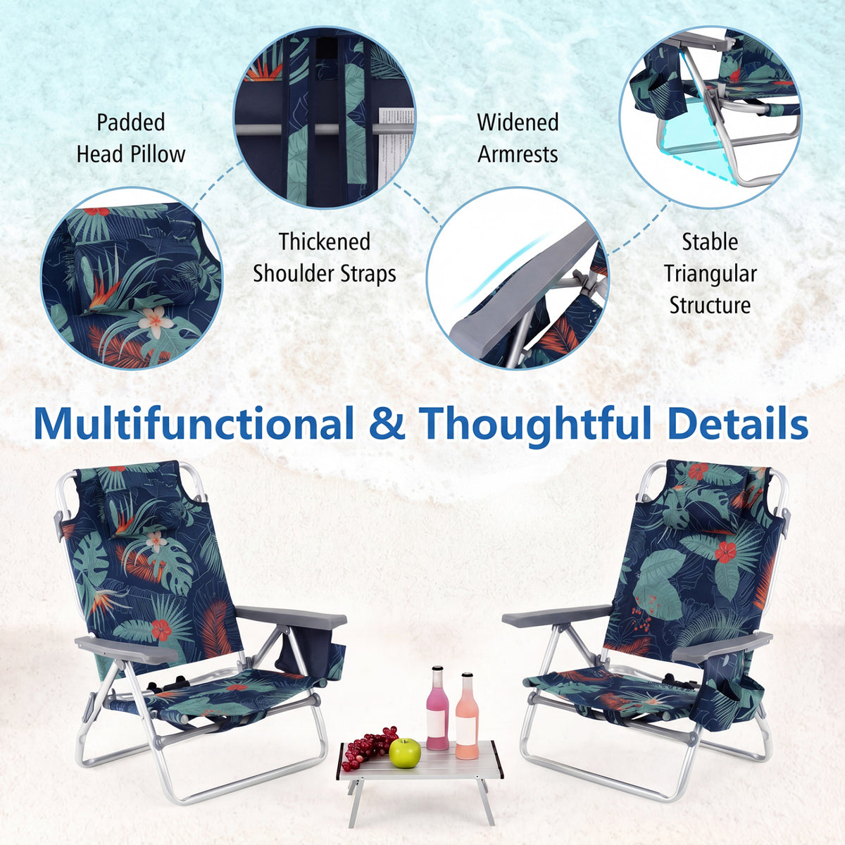 Folding Beach Chair Set of 2 with Table - Green, 5-Position Reclining