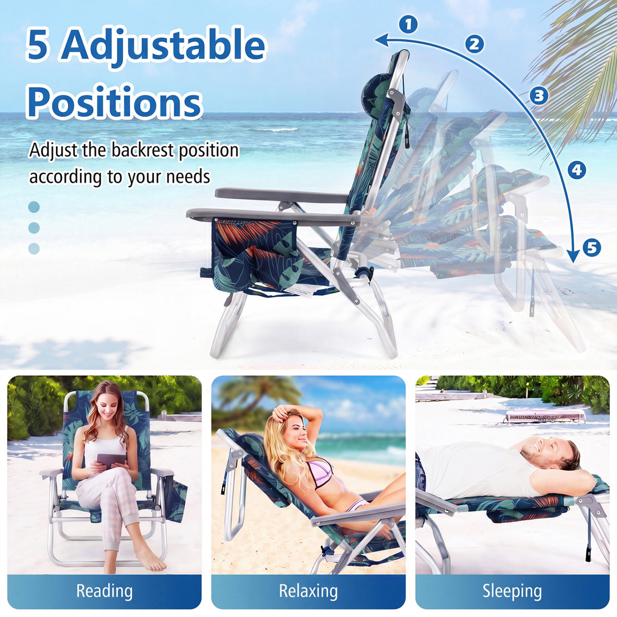 Folding Beach Chair Set of 2 with Table - Green, 5-Position Reclining