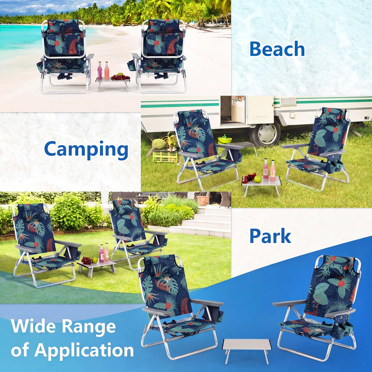 Folding Beach Chair Set of 2 with Table - Green, 5-Position Reclining