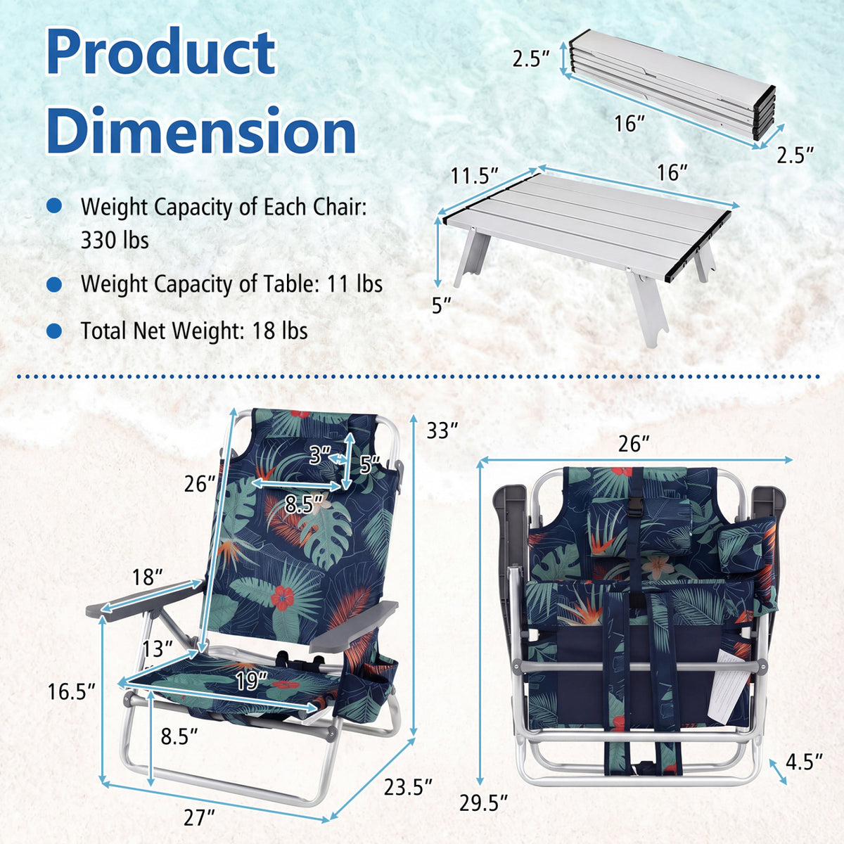 Folding Beach Chair Set of 2 with Table - Green, 5-Position Reclining