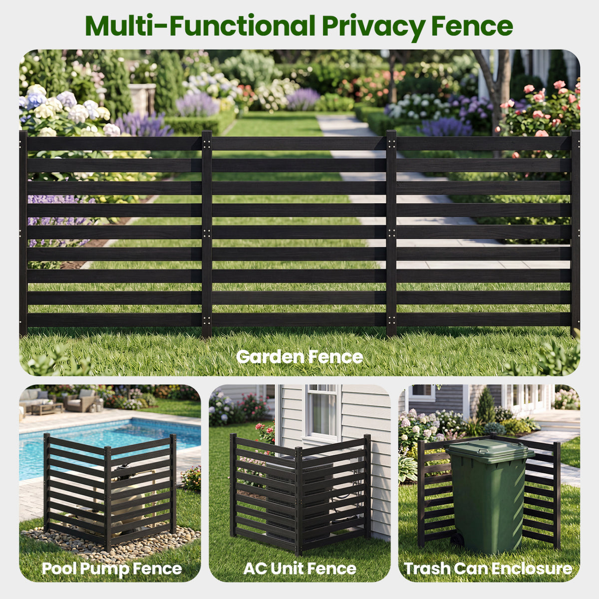 2-Panel Wooden Outdoor Privacy Fence with Ground Stakes - Black, 38.5x42 inches