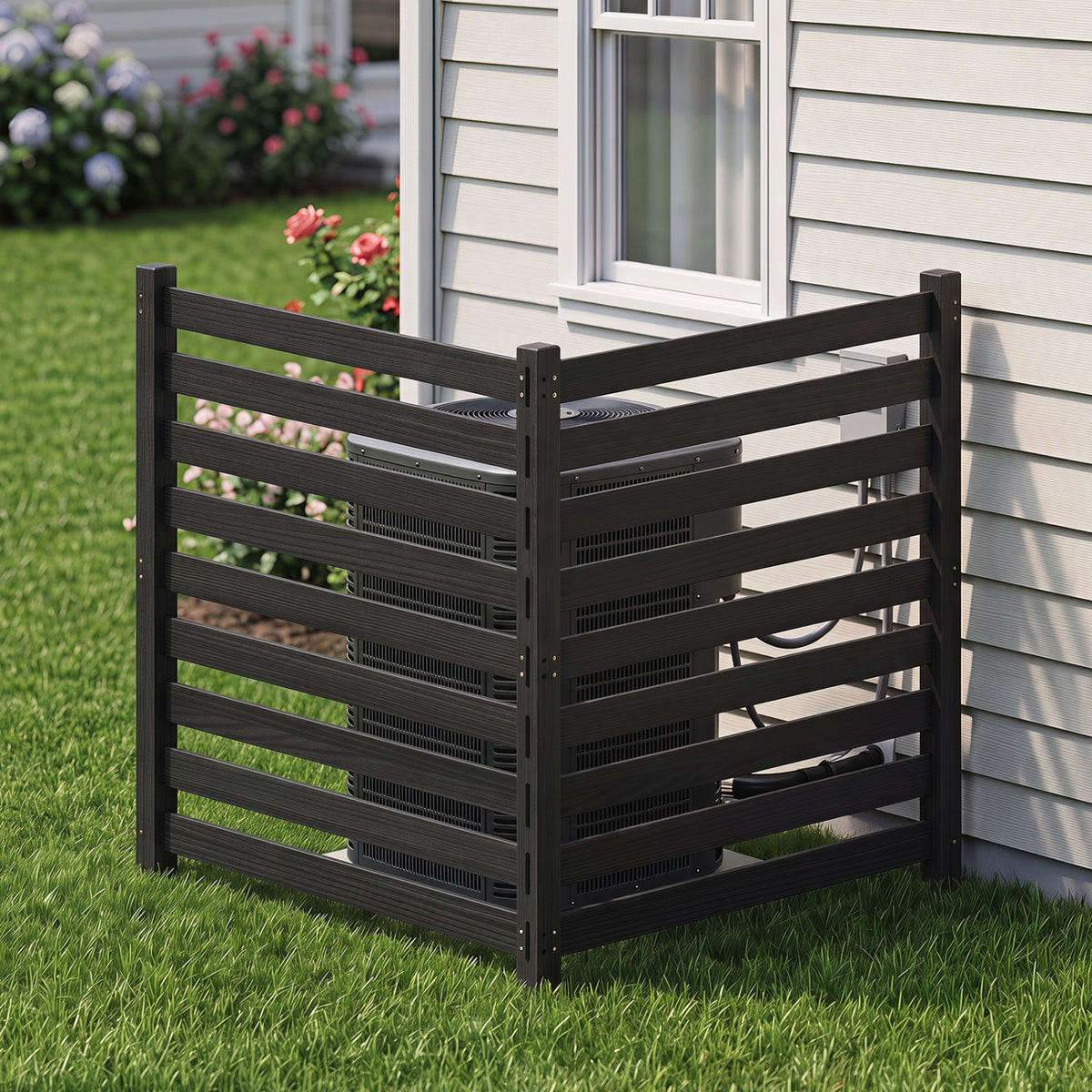 2-Panel Wooden Outdoor Privacy Fence with Ground Stakes - Black, 38.5x42 inches