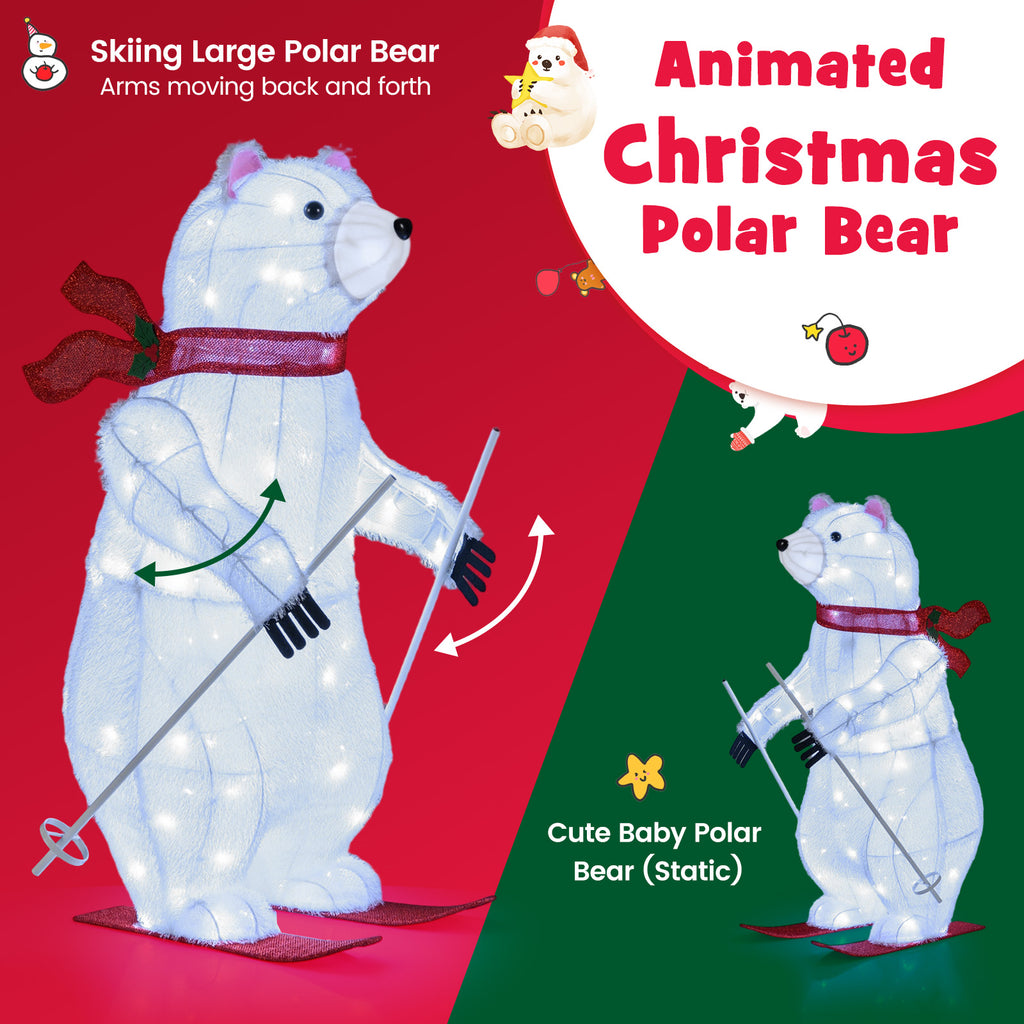 Animated Skiing Polar Bears Christmas Decoration with Pre-lit LEDs - Outdoor Holiday Decor