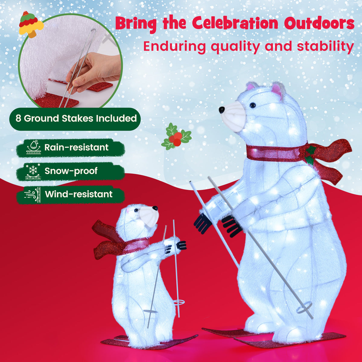 Animated Skiing Polar Bears Christmas Decoration with Pre-lit LEDs - Outdoor Holiday Decor