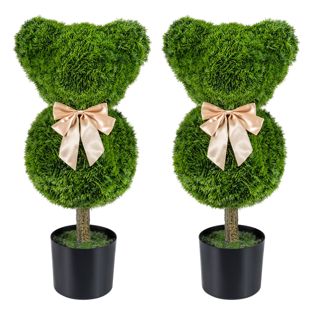 2 Pieces Teddy Bear Topiary Trees - Sun-Resistant Faux Boxwood Plants with Bowknot