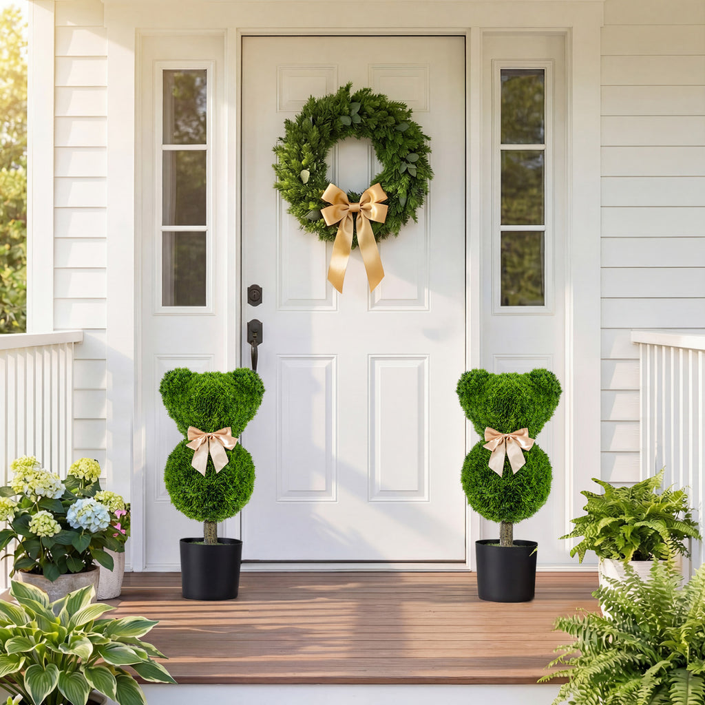 2 Pieces Bear Topiary Trees with Pots - Sun-Resistant Faux Boxwood Plants