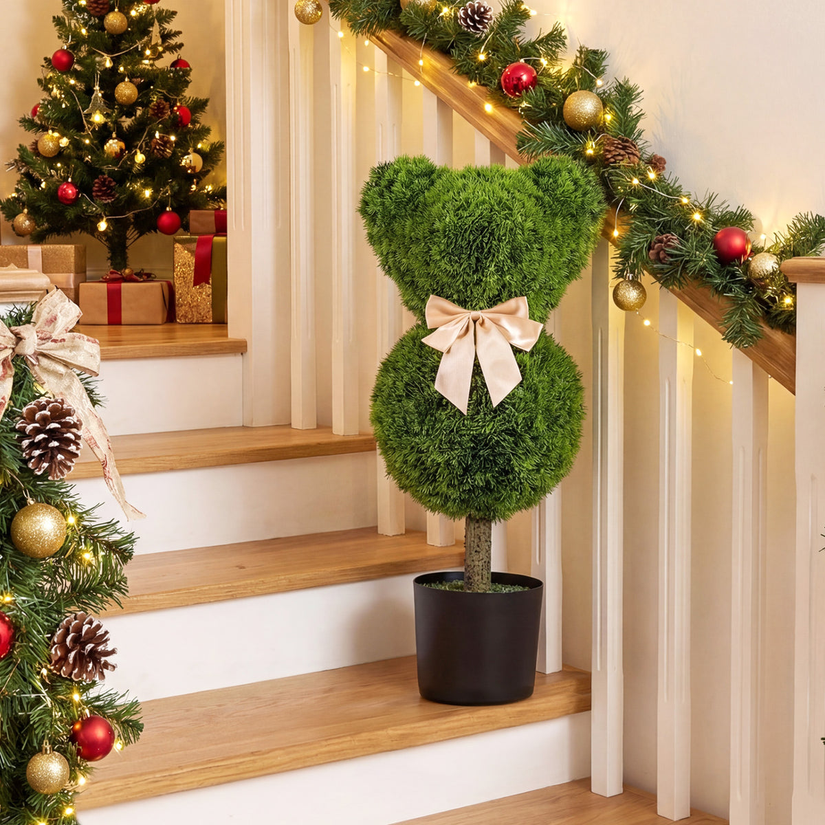 2 Pieces Bear Topiary Trees with Pots - Sun-Resistant Faux Boxwood Plants