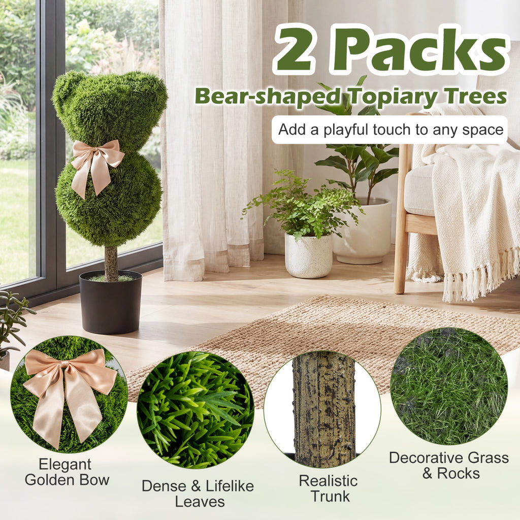 2 Pieces Bear Topiary Trees with Pots - Sun-Resistant Faux Boxwood Plants