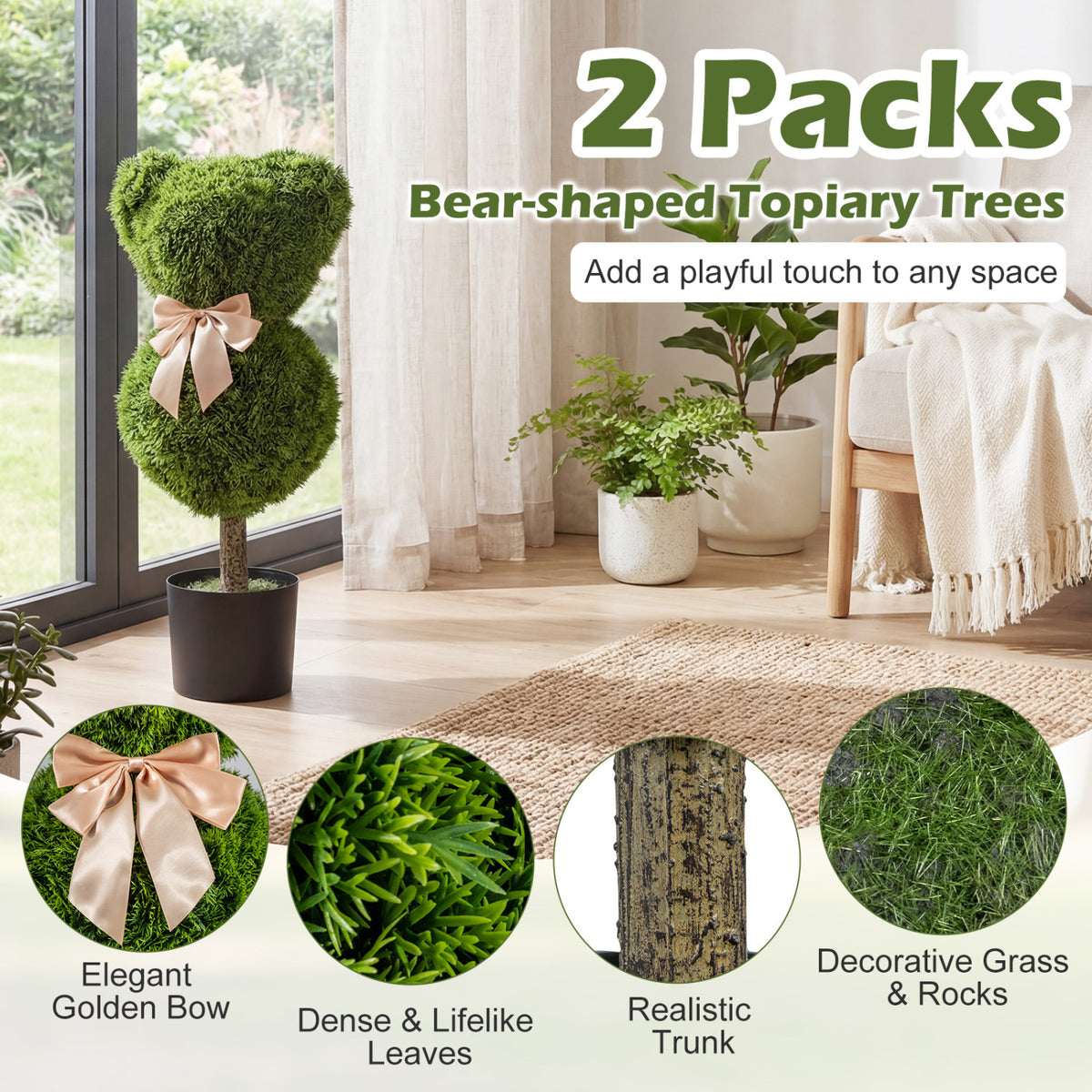 2 Pieces Bear Topiary Trees with Pots - Sun-Resistant Faux Boxwood Plants
