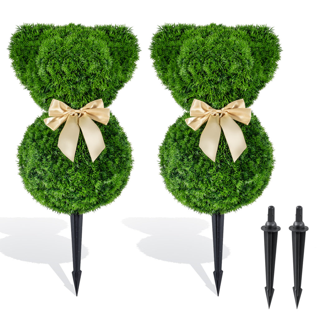 2 Pieces Teddy Bear Topiary Trees - Sun-Resistant Faux Boxwood Plants with Bowknot