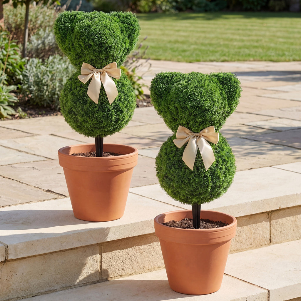 2 Pieces Teddy Bear Topiary Trees - Sun-Resistant Faux Boxwood Plants with Bowknot